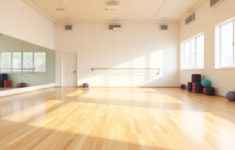 Group fitness class studio with wooden floor